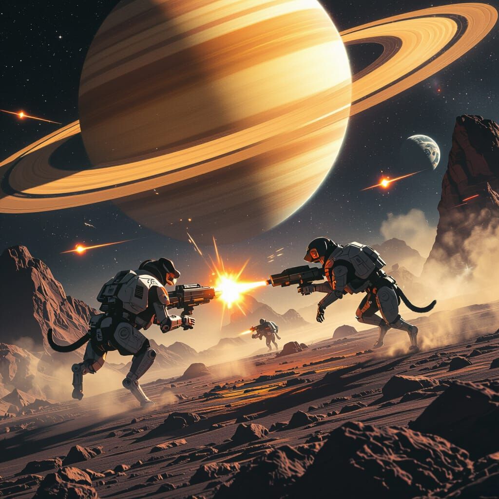 Dog Robots Dogfighting Near Saturn in Sci-Fi Style
