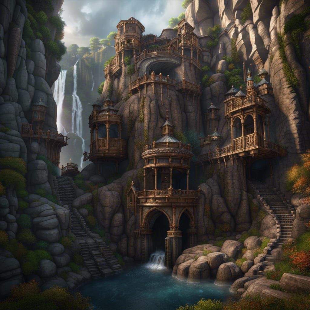 Fantastical Cliff Face with Waterfalls and Stone Gate