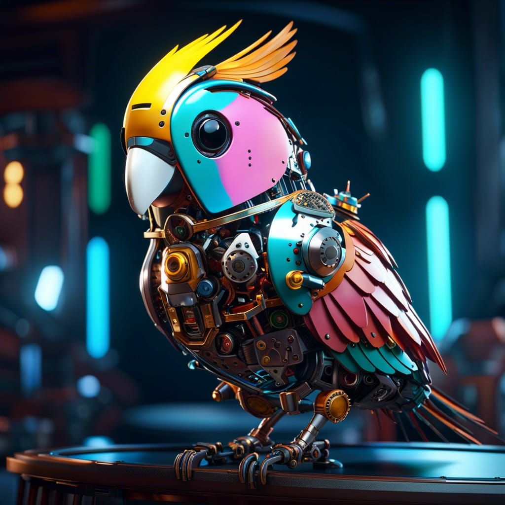 Mechanical Cockatoo: Hyperdetailed Polychromatic Robot Pet