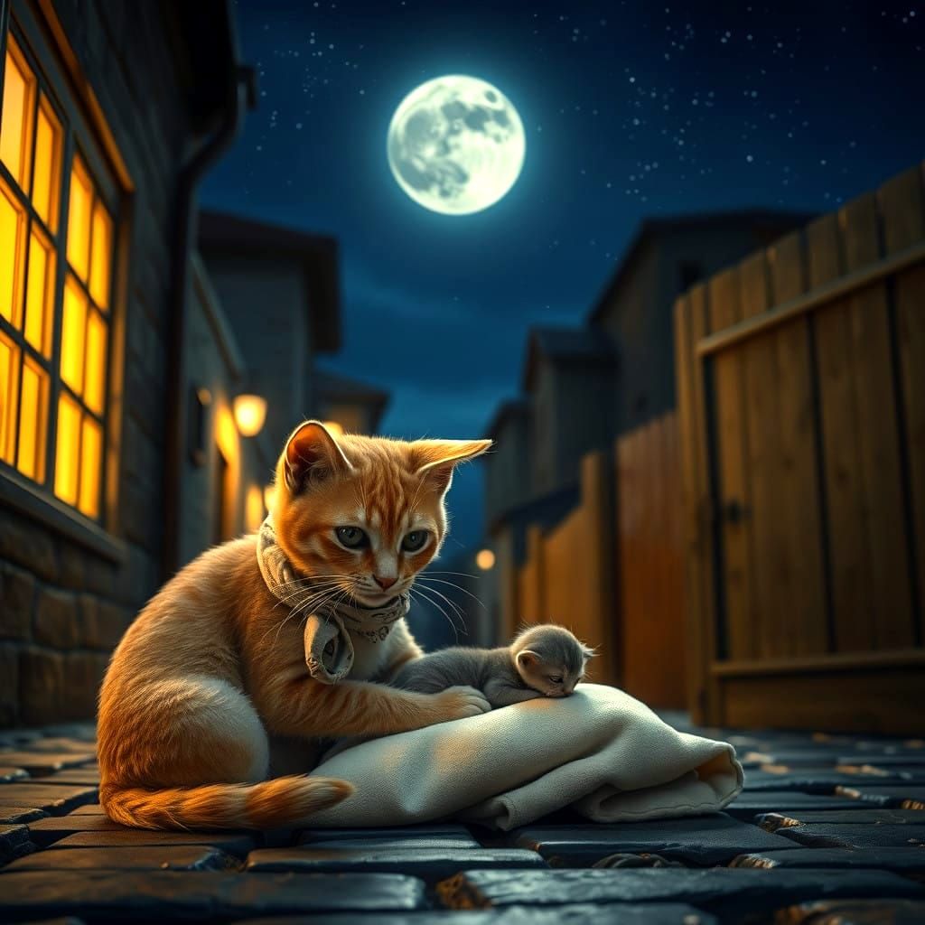 Ginger Cat Mother Tending Newborn Kitten Near Orphanage Gate...