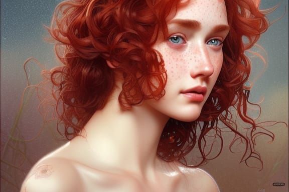 Detailed Portrait of a Red-Haired Freckled Woman