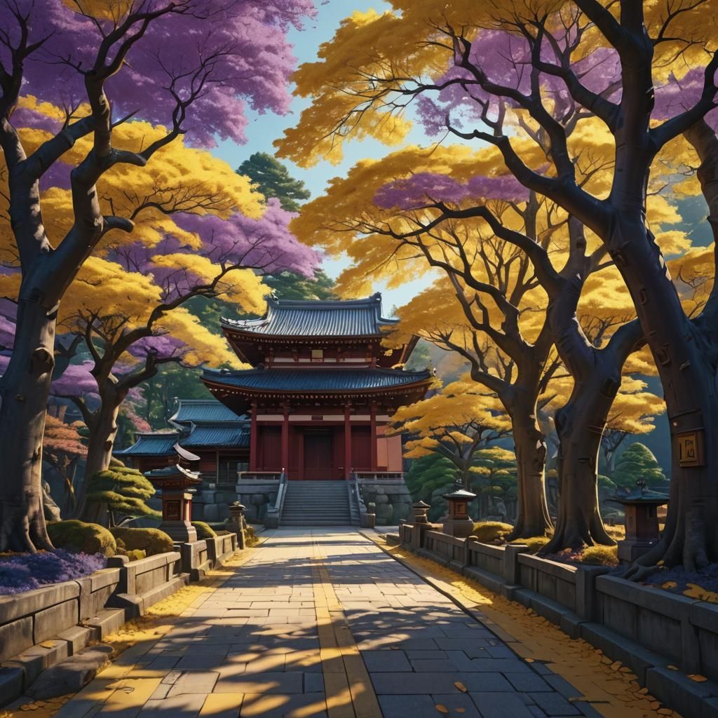 Japanese Temple Amidst Yellow Trees: Digital Matte Painting