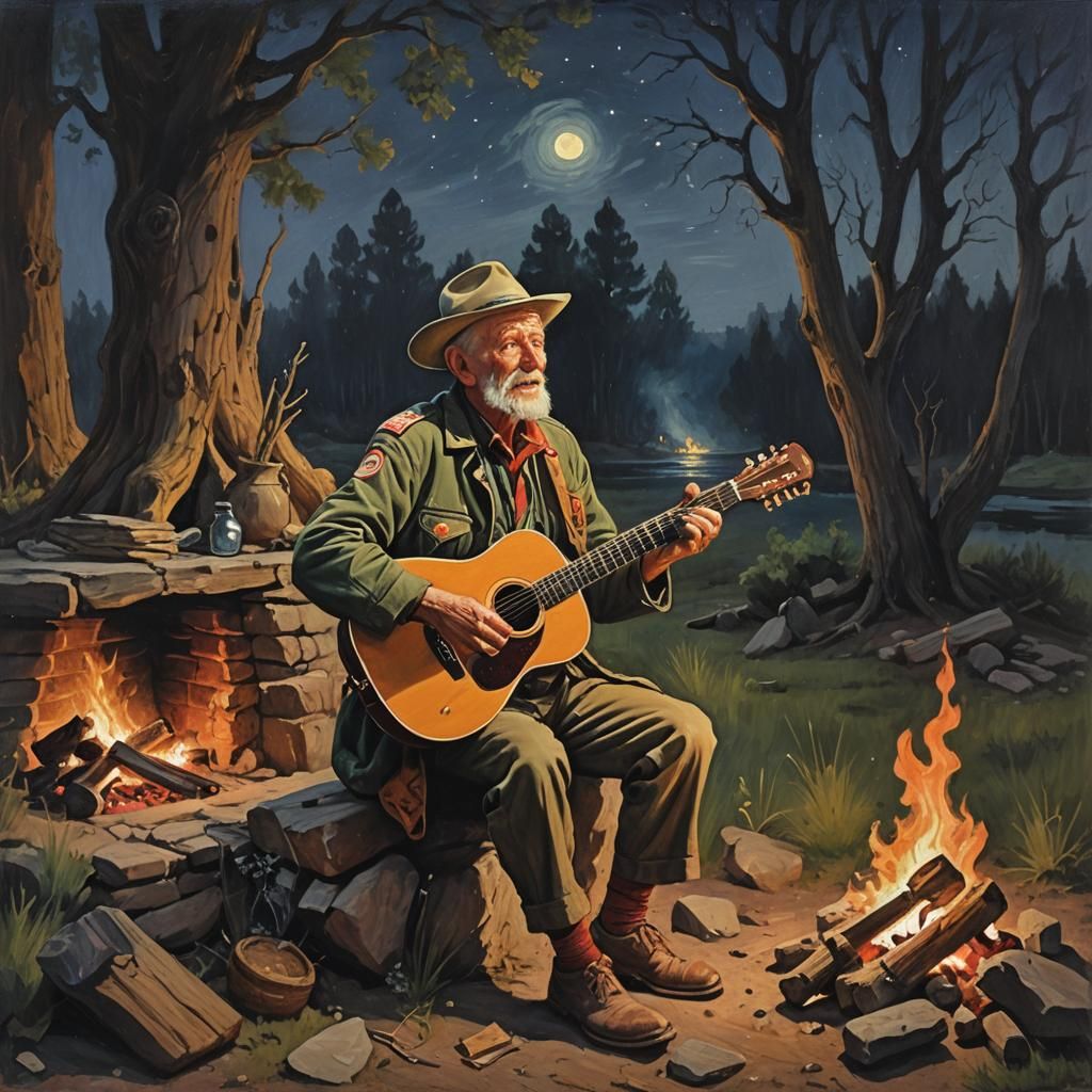 Scout Singing by Campfire: Oil Painting