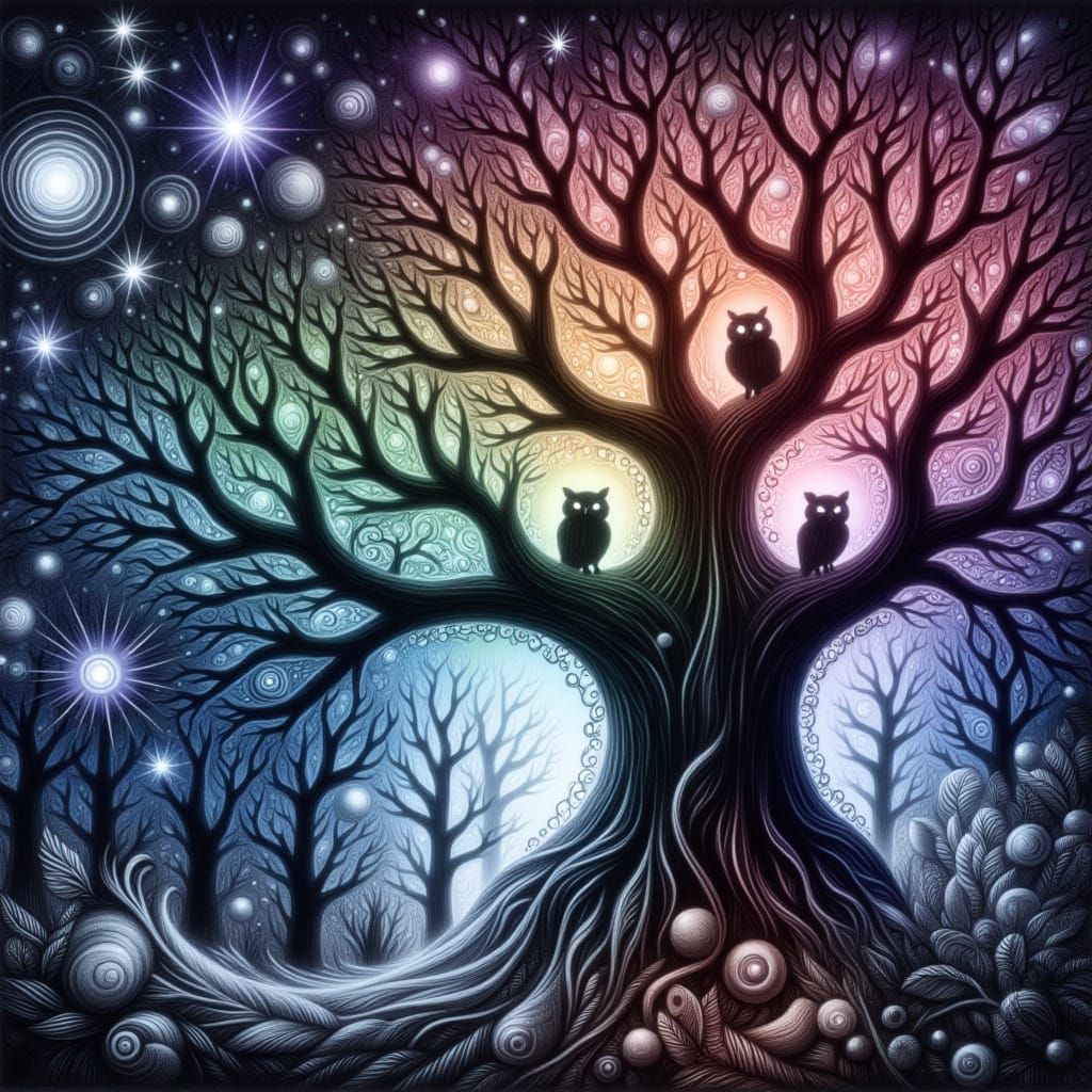 Magical Glowing Oak Trees with Owls