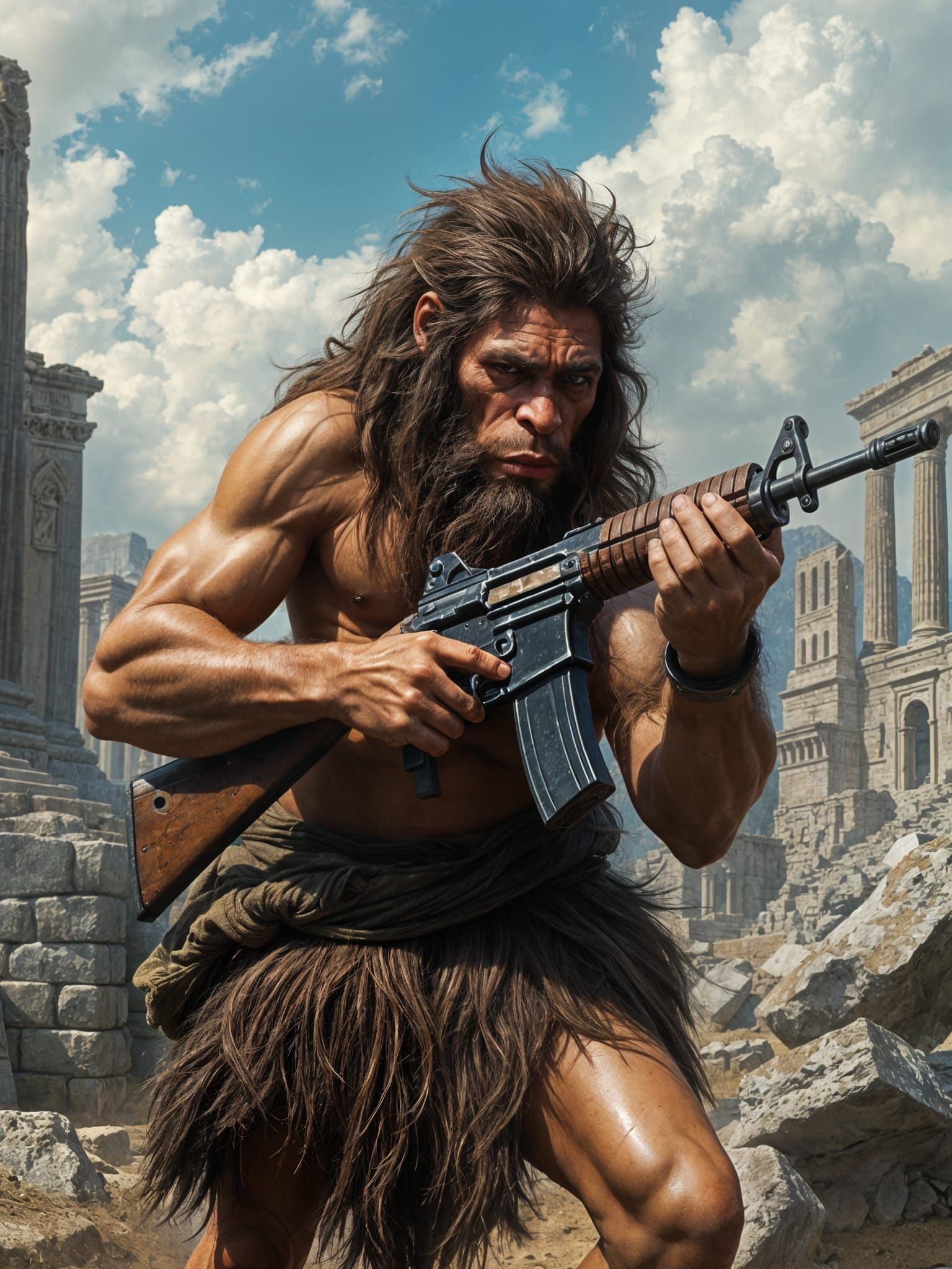 Neanderthal Warrior in Ucronic City Ruins