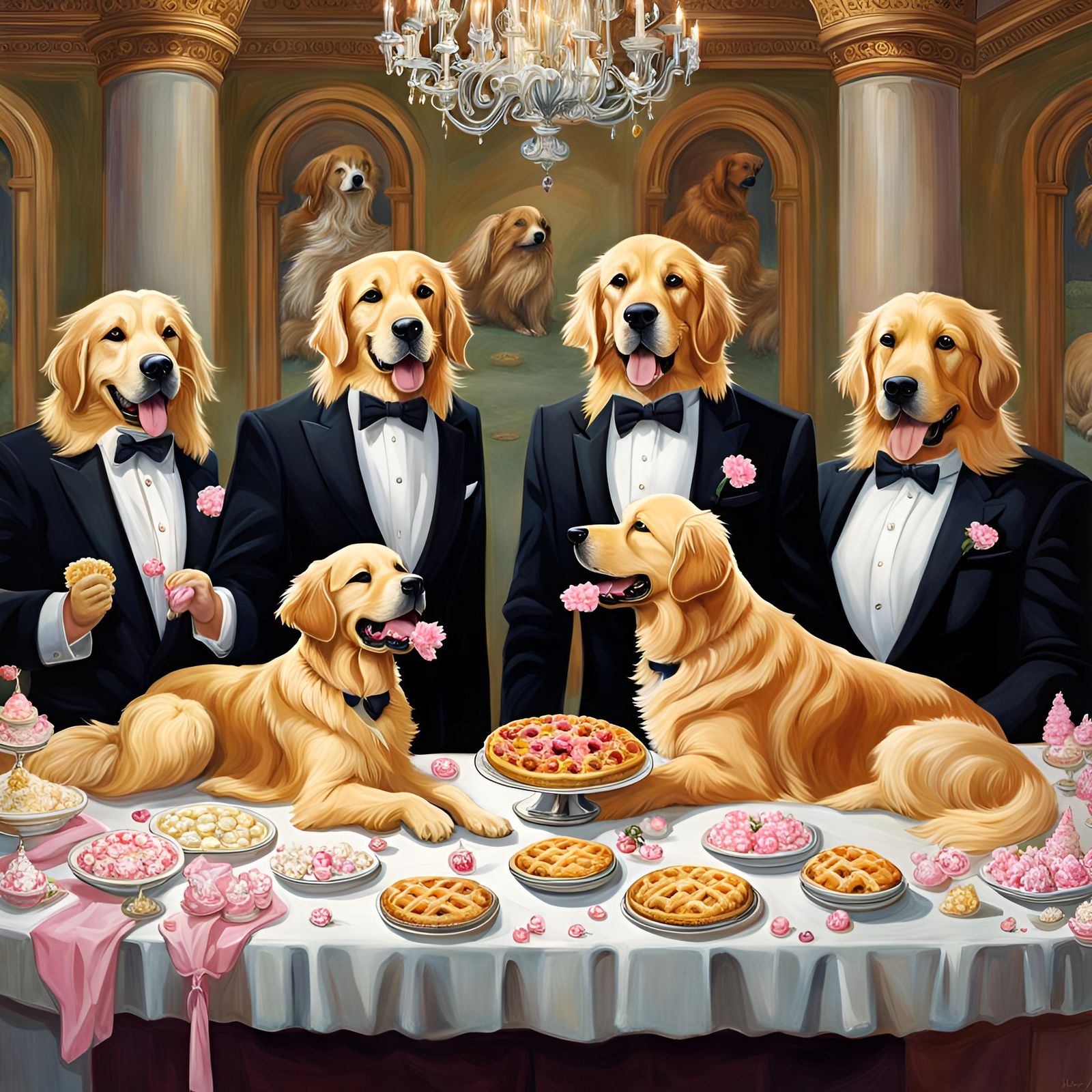 Golden Retrievers Enjoying a Pie Banquet