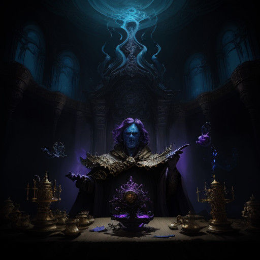 Dark Fantasy Sorcerer in Ornate Lair with Art Nouveau Detail...