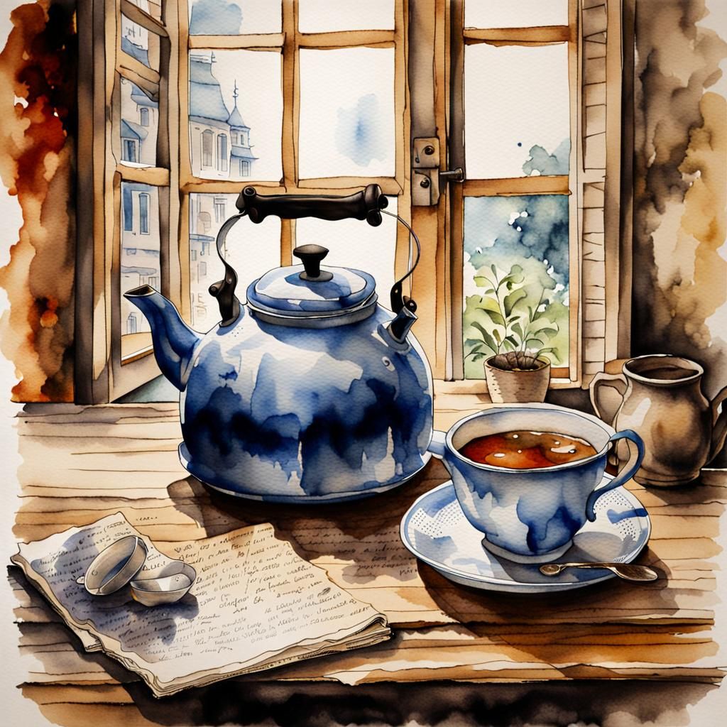 Watercolor Painting of Tea Kettle and Coffee Cup