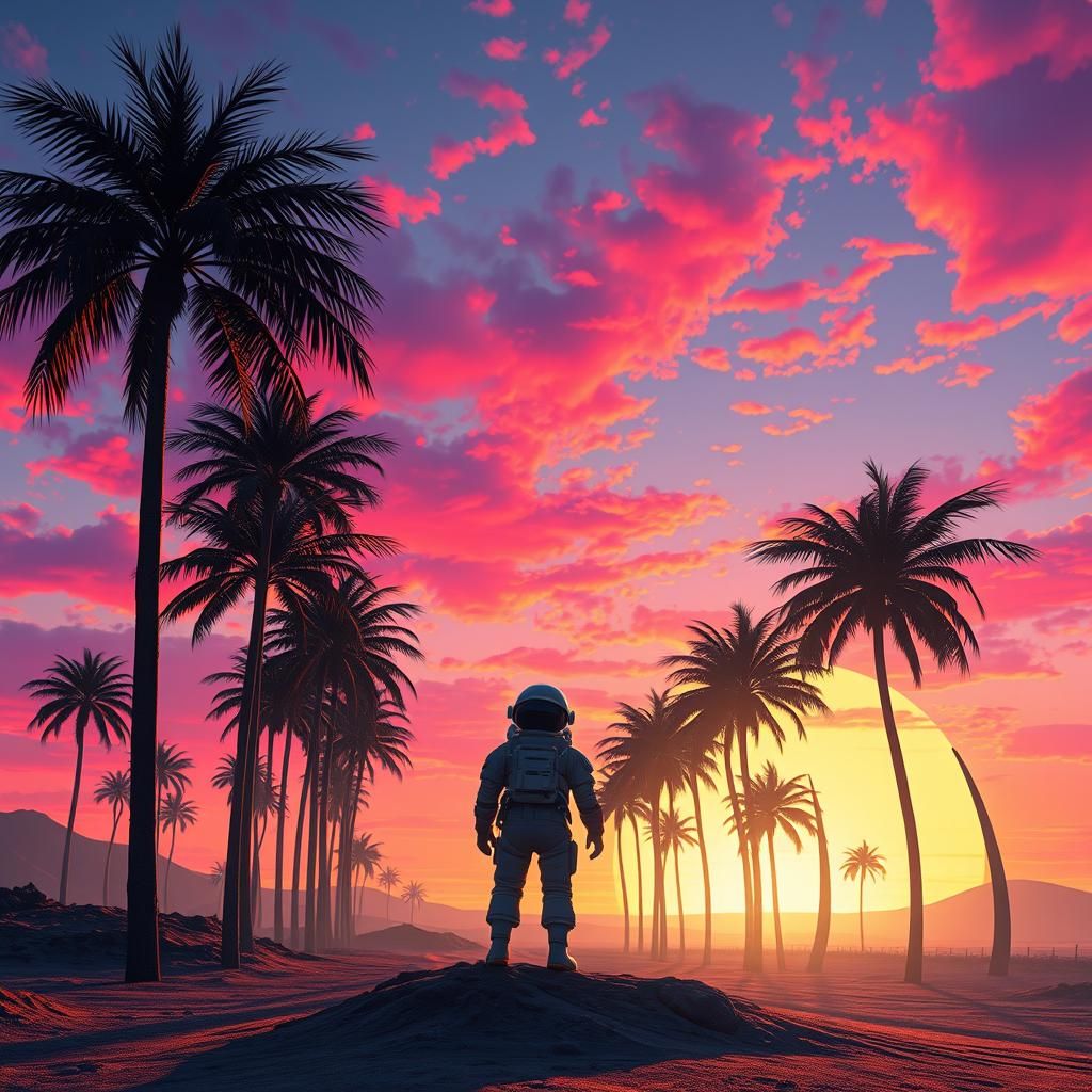 Alien Sunset with Palm Trees in Solarpunk Style