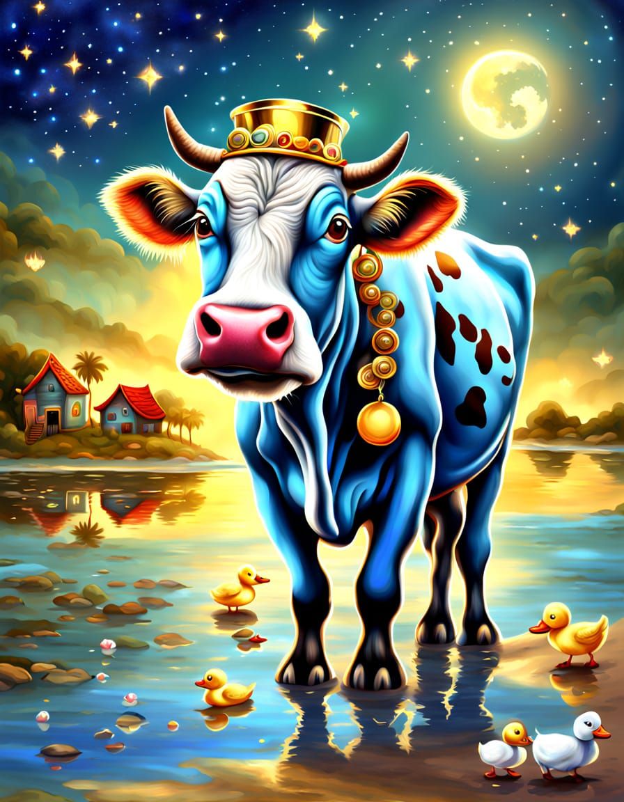 Cow with Curlers on Beach Holiday: Digital Painting