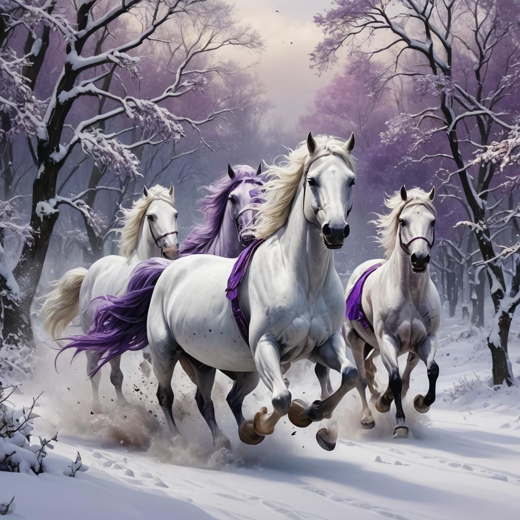 White Horses Run Through Snowy Landscape
