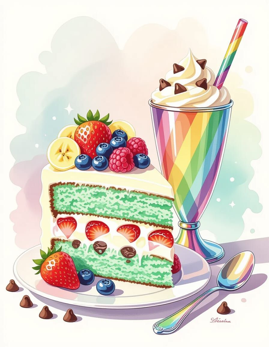 Mint Chocolate Chip Cake Slice & Berries in Watercolor Style