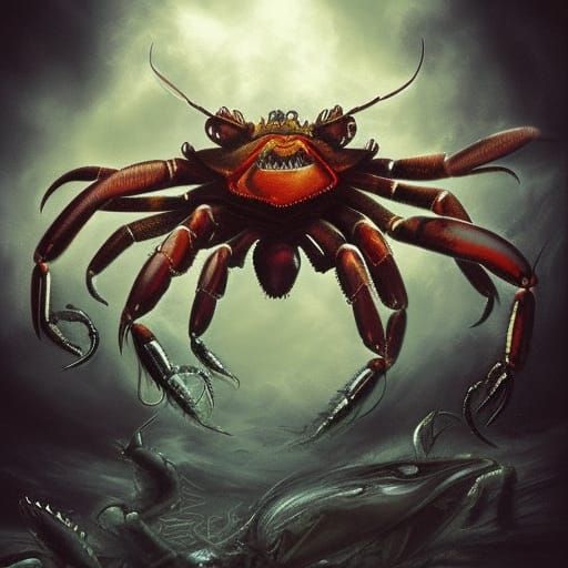 Gigantic Horror Crab Deity in Smoky Fantasy Landscape