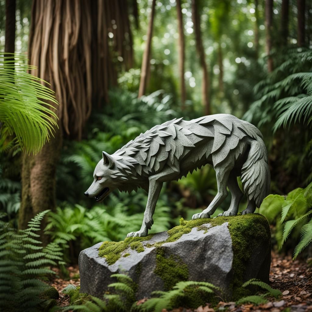 Mossy Wolf Statue in Ancient Jungle
