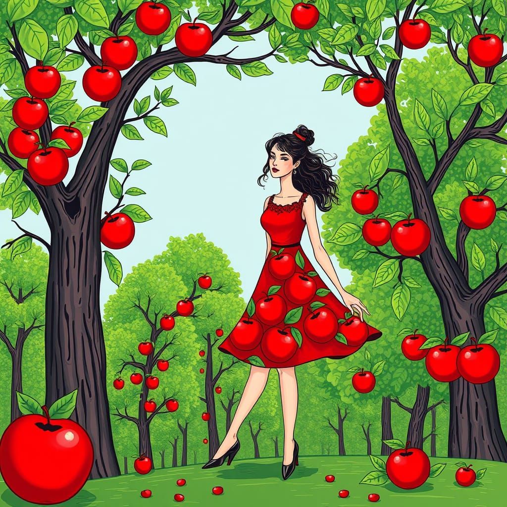 Woman in Vibrant Apple Dress Amidst Green Trees