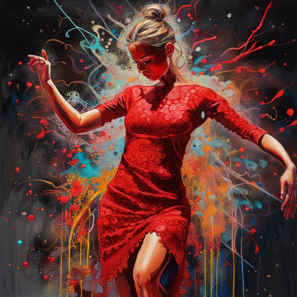 a dancer in a red lace dress