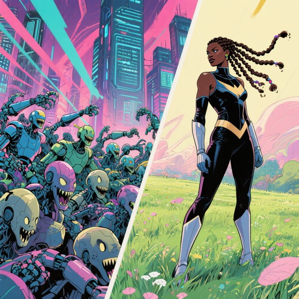 Afrofuturistic Superheroine: City Battle and Meadow Peace
