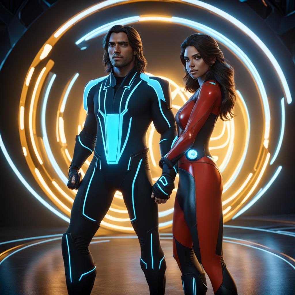 Disney's Tarzan and Jane dressed as TRON. 8K resolution Unreal Engine 5