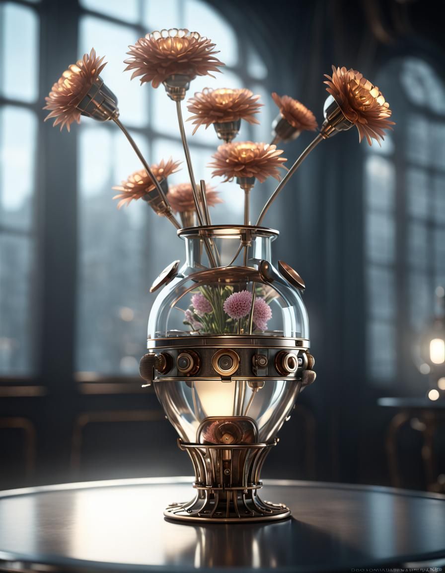 Steampunk Flower Vase with Futuristic Design