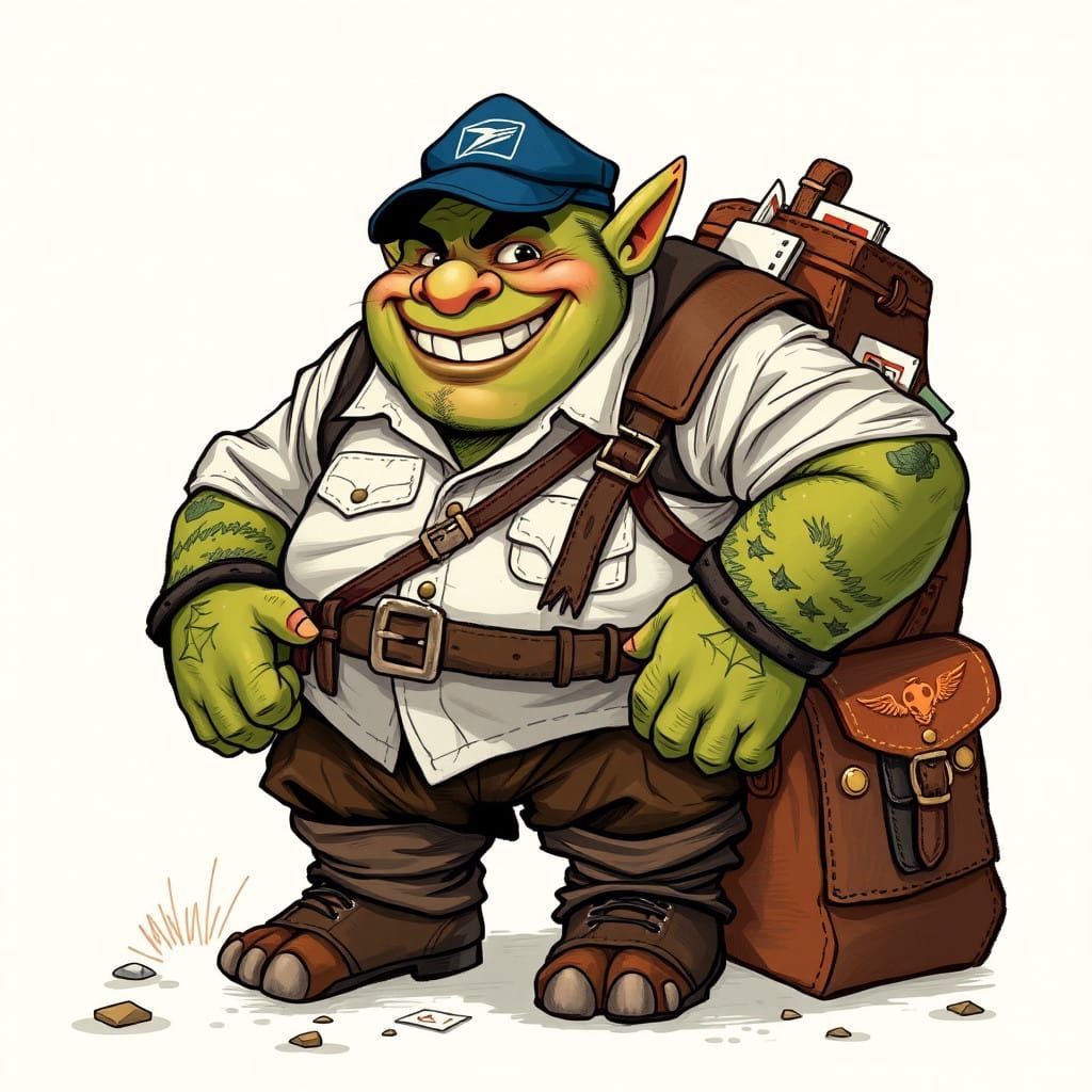 Orc Postal Courier in Whimsical Fantasy Landscape