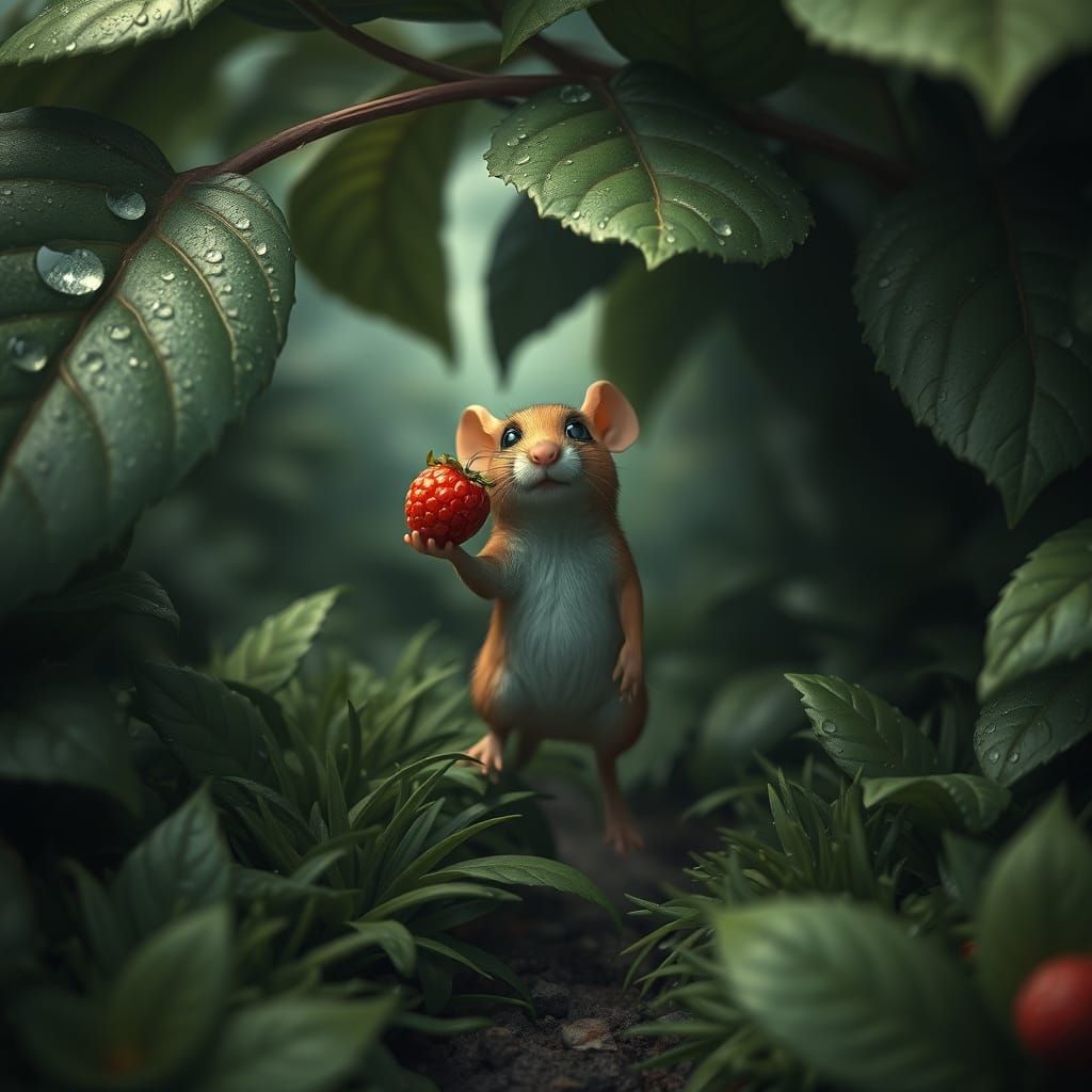 Resilient Field Mouse Claims Berry in Enchanted Garden