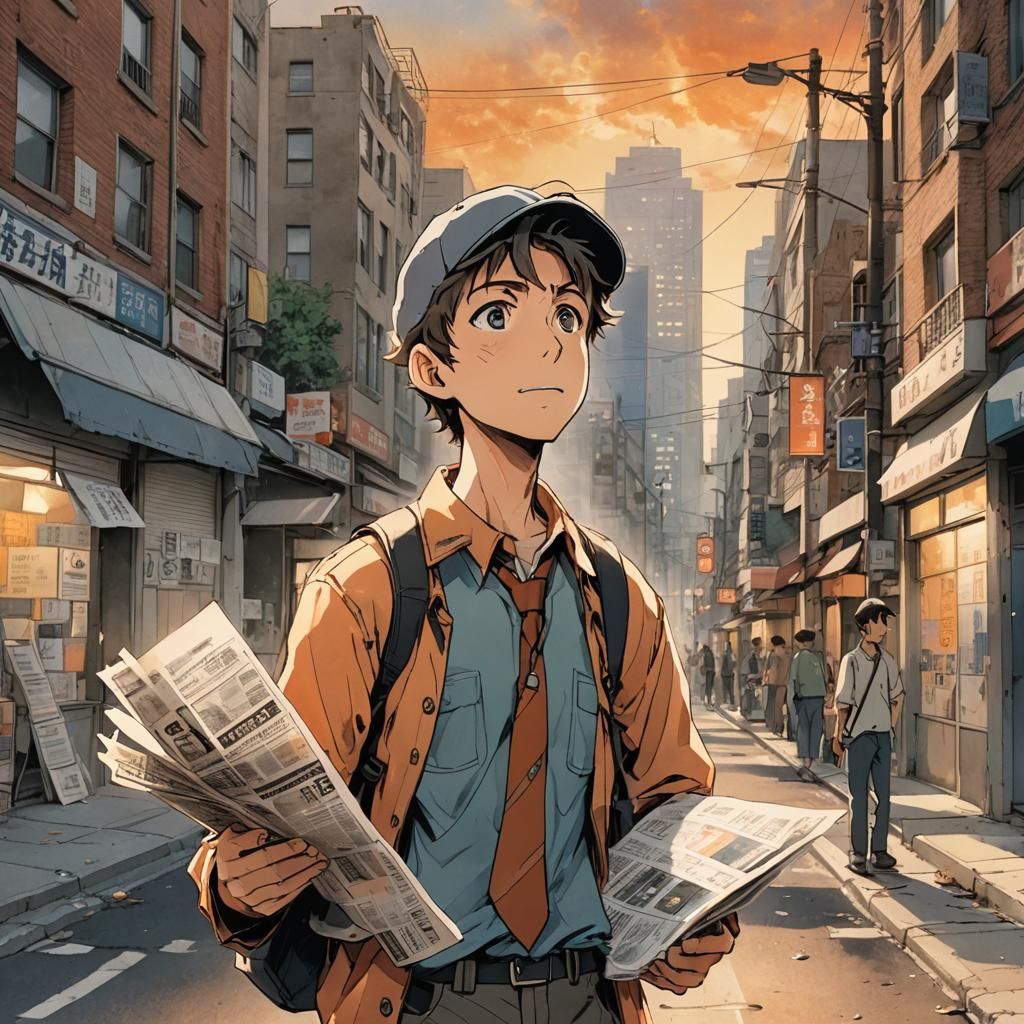 Anime Paperboy in Watercolor Style with Orange Glow