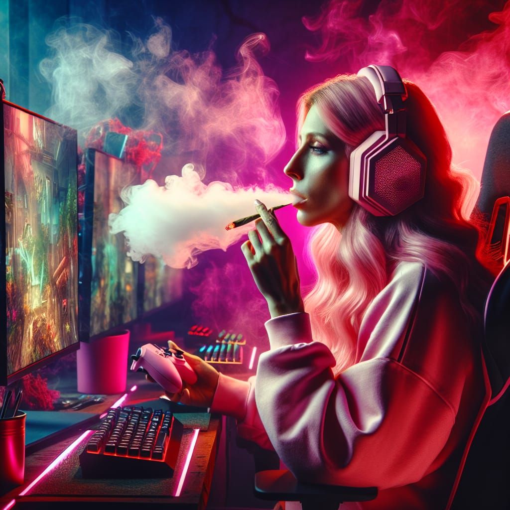 Strawberry Blonde Gamer in Neon-Lit Room