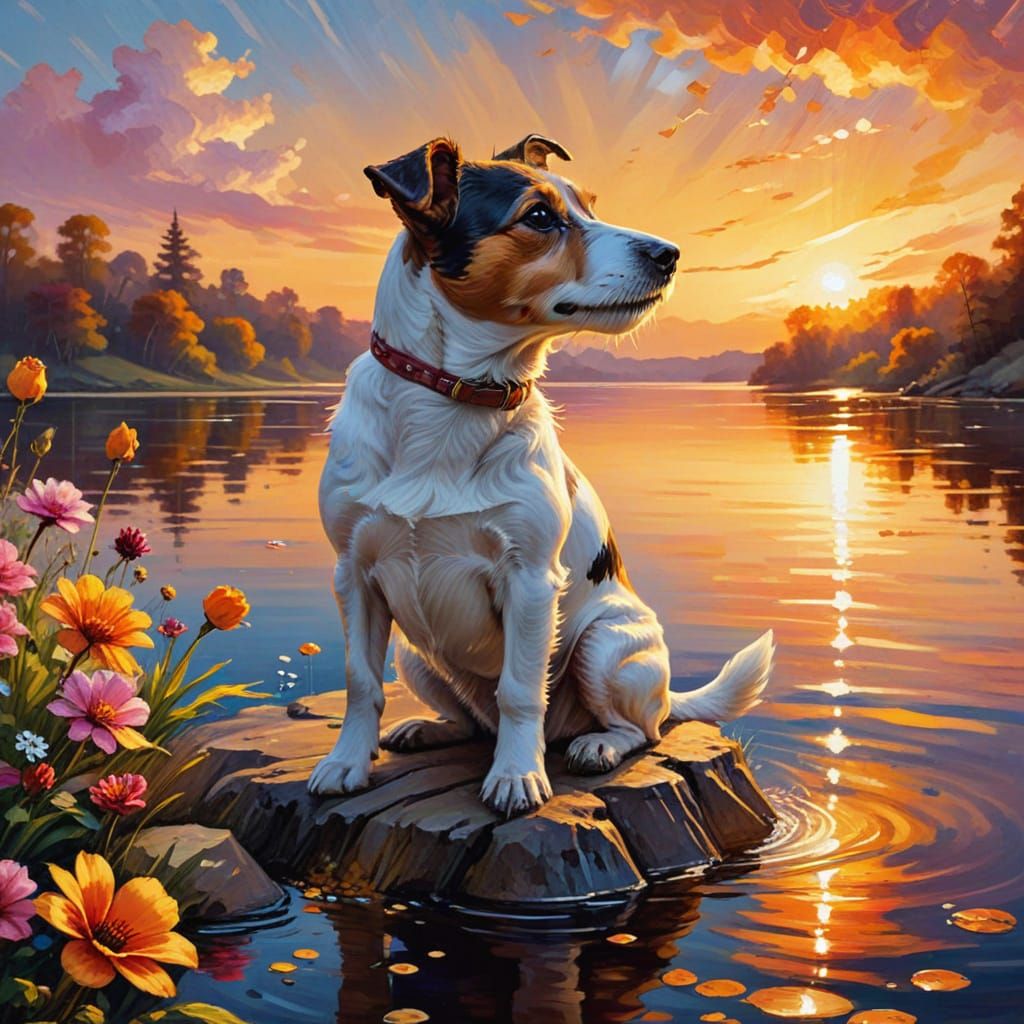 Whimsical Sunset Scene with Jack Russell Terrier
