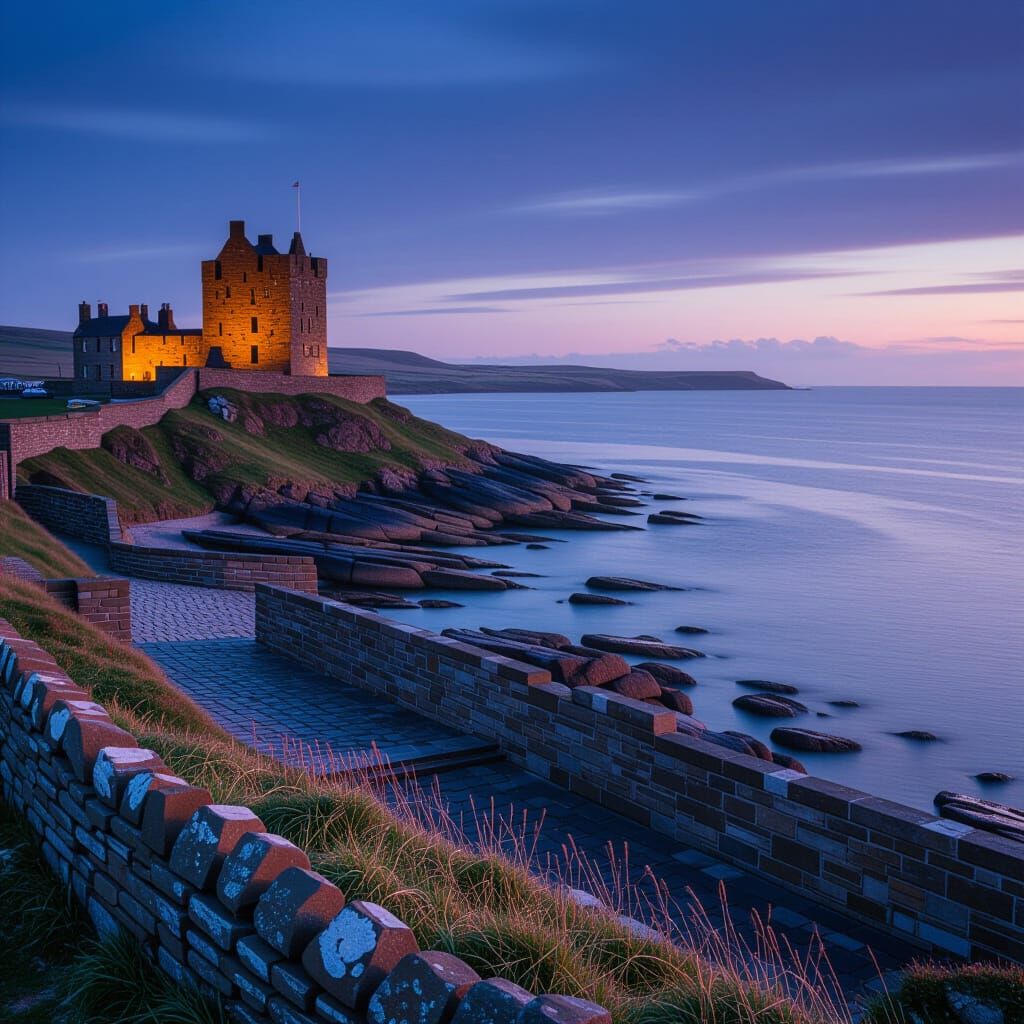 Northumberland Castle at Dusk: A Retro Coastal Scene