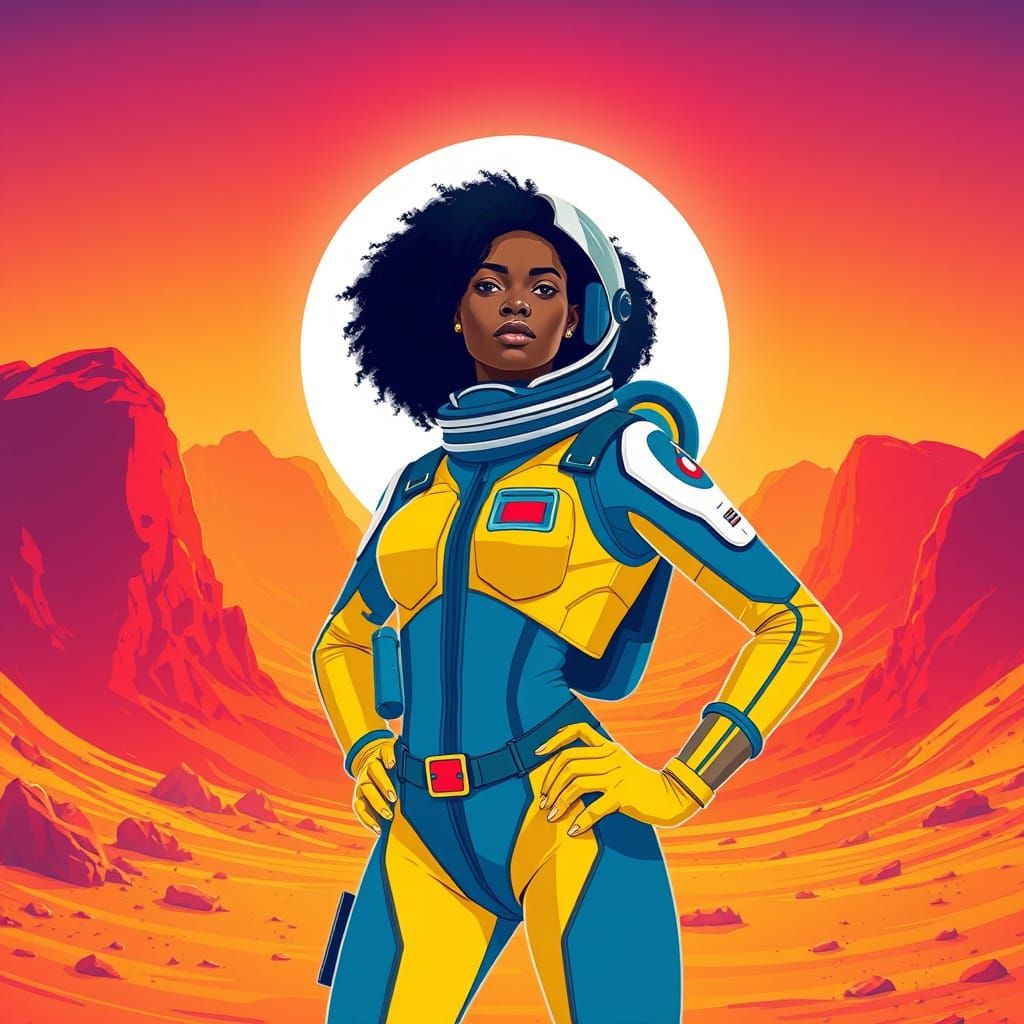 Stylized Space Suit Hero on Vibrant Martian Landscape