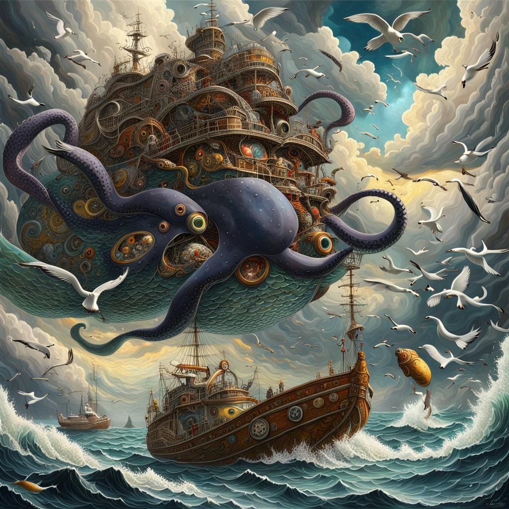 Flying Octopus Airship in Studio Ghibli Style