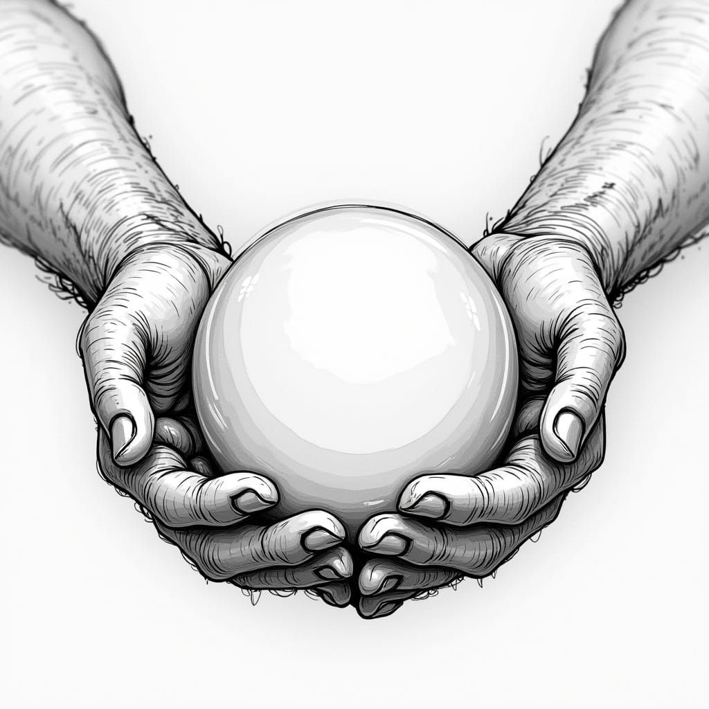 Whimsical Hands Hold Mystical Crystal Orb in Stark Black and...