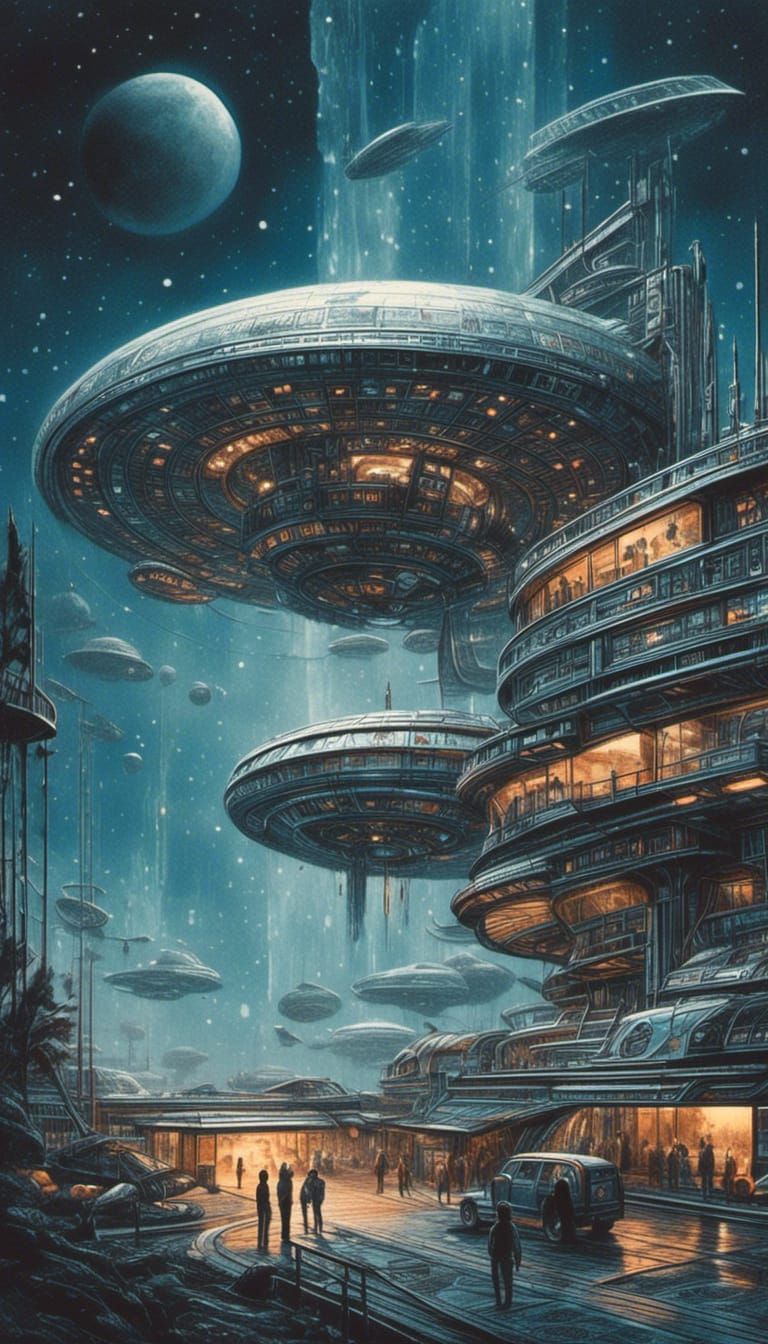 Retro Sci-Fi Space Station Watercolor Illustration