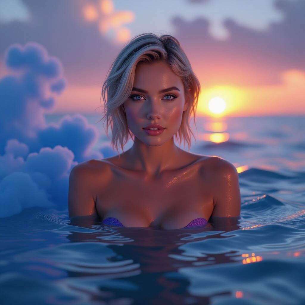Shape-Shifting Goddess in Neon Sunset Ocean