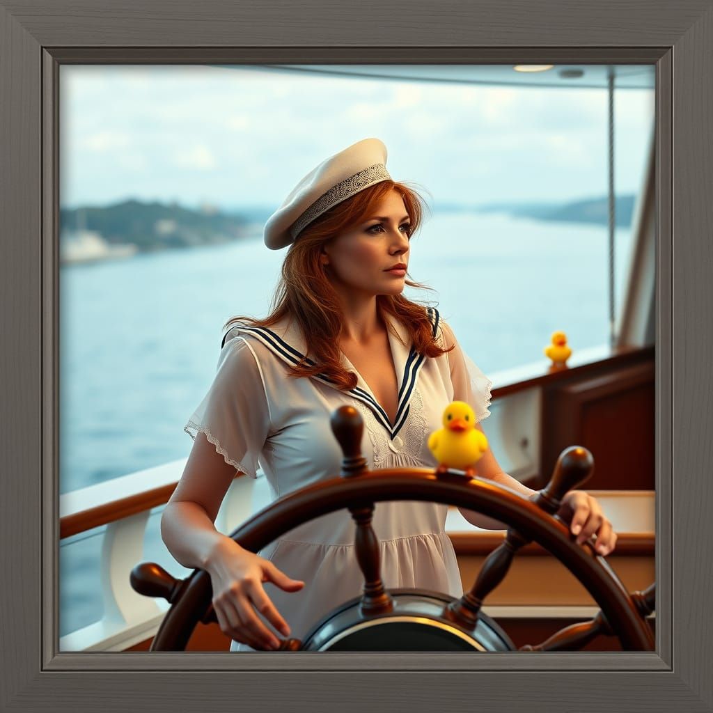 Elegant Redheaded Siren at the Helm of a Luxury Yacht