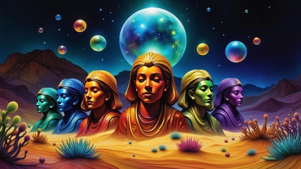 Mystical Desert Sculptures Under Celestial Orbs