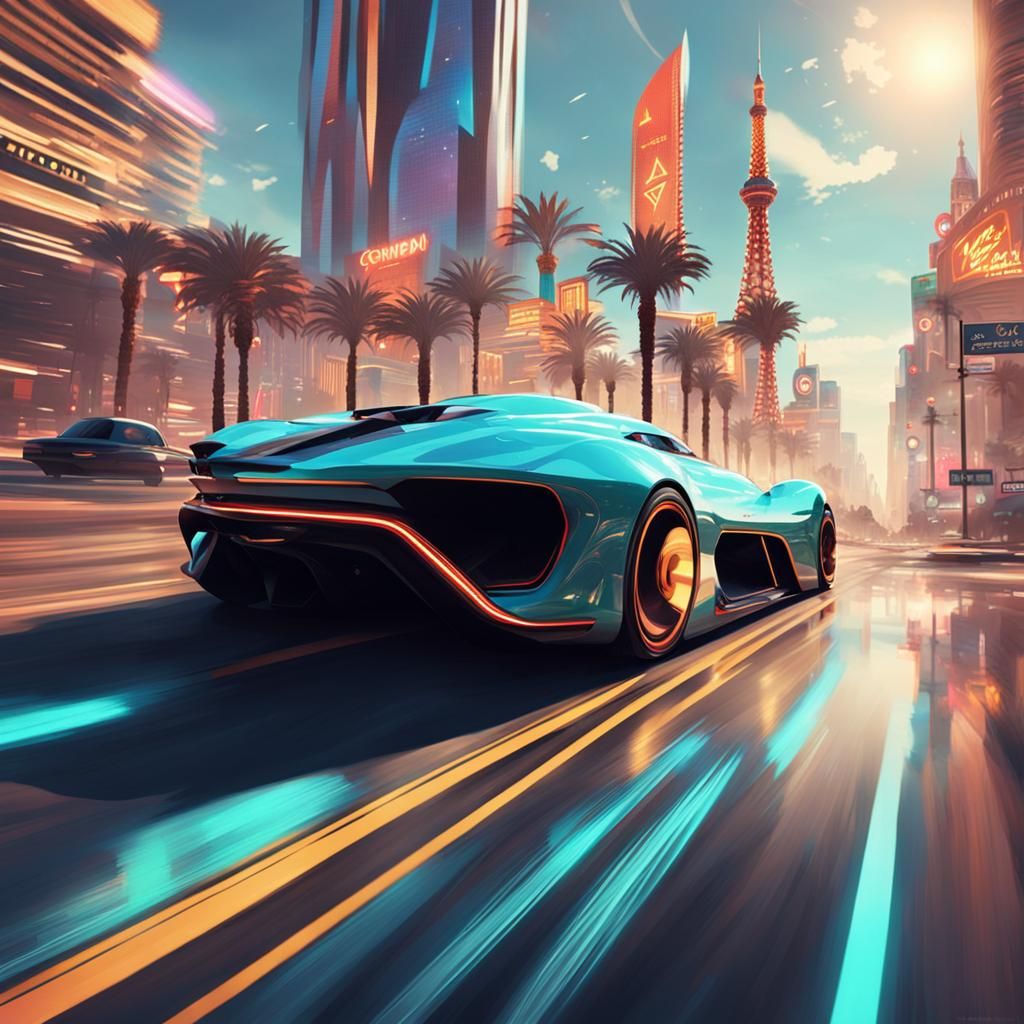 Retro Futuristic Hypercar Cruises Las Vegas: Aetherpunk Art