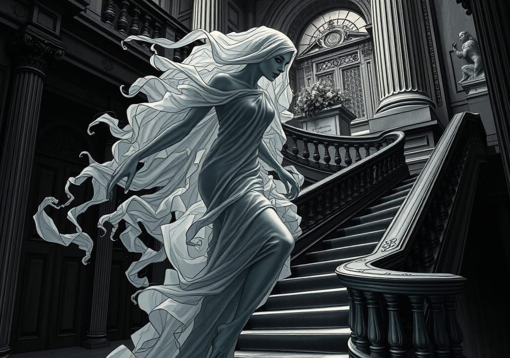 Ethereal Woman Ascending Staircase in Gothic Dreamscape
