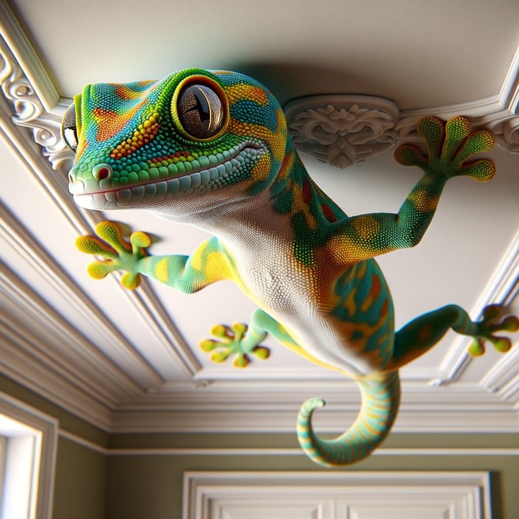 Compact Surreal Gecko Adorns Muted Ceiling