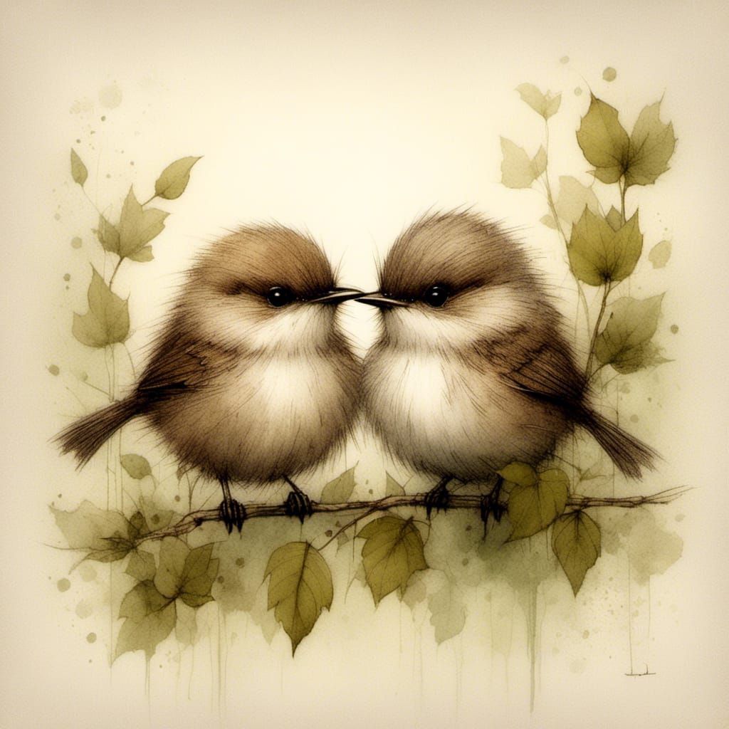 Wrens Huddle Together in Spring, Charcoal and Ink Style