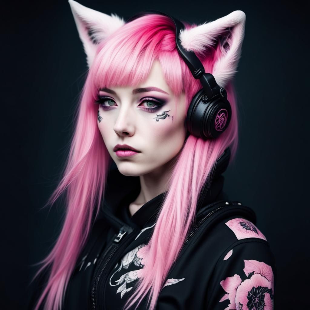 Enchanting Cyberpunk Kitsune Girl with Pink Hair