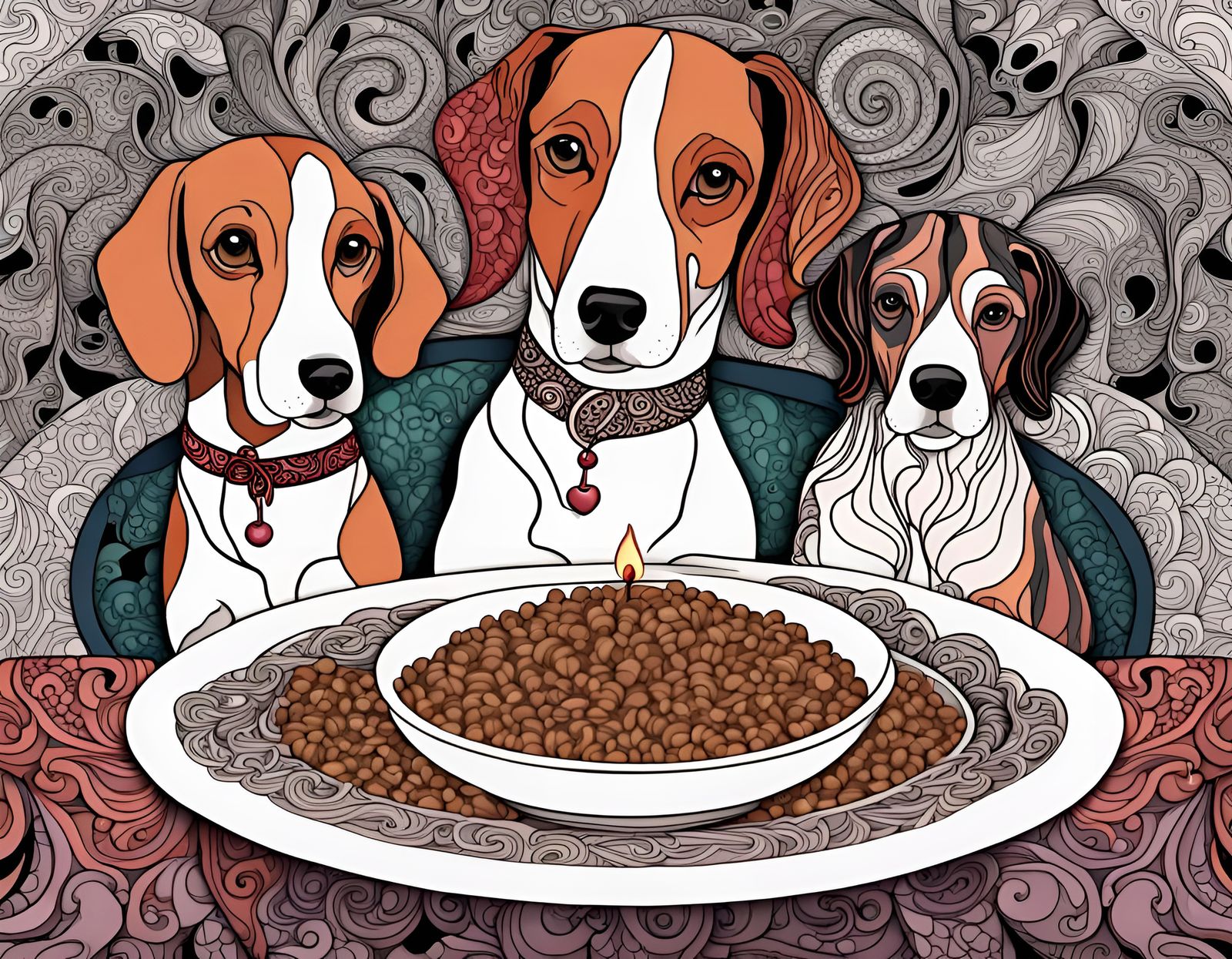 Dogs Enjoy Candle-Lit Dinner in Zentangle Line Art
