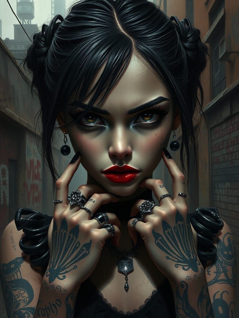 Brooding Goth Girl in Dystopian Cityscape