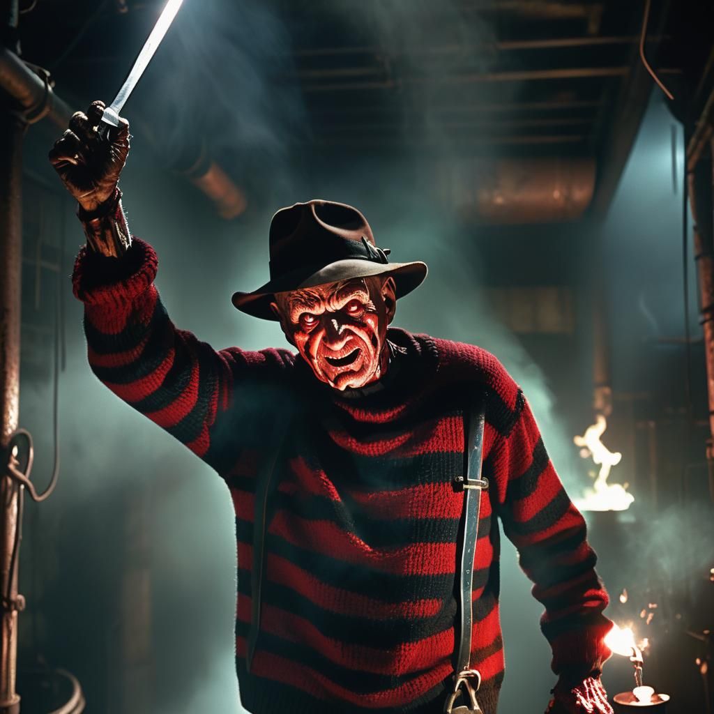 Freddy Krueger in Abandoned Boiler Room: Horror Film Still