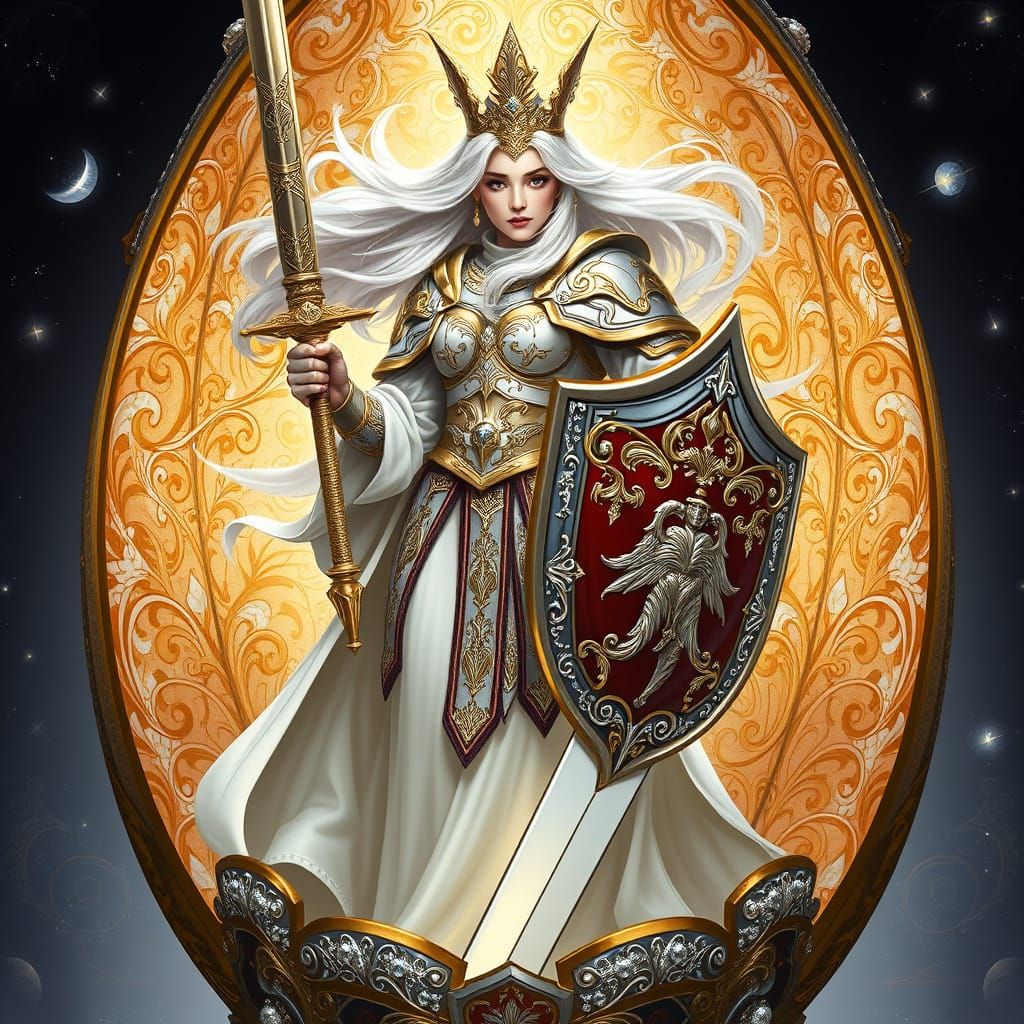 Regal Female Paladin Inside Faberge Egg in Opulent Armor