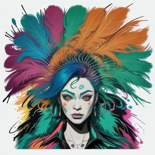 Colorful Graffiti Portrait of Asian Woman with Peacock Lashe...