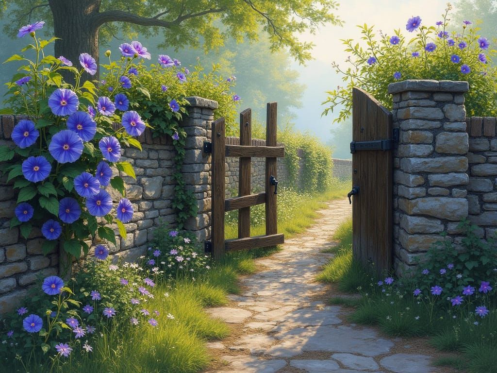 Weathered Stone Fence with Morning Glory Blooms in Serene Mo...