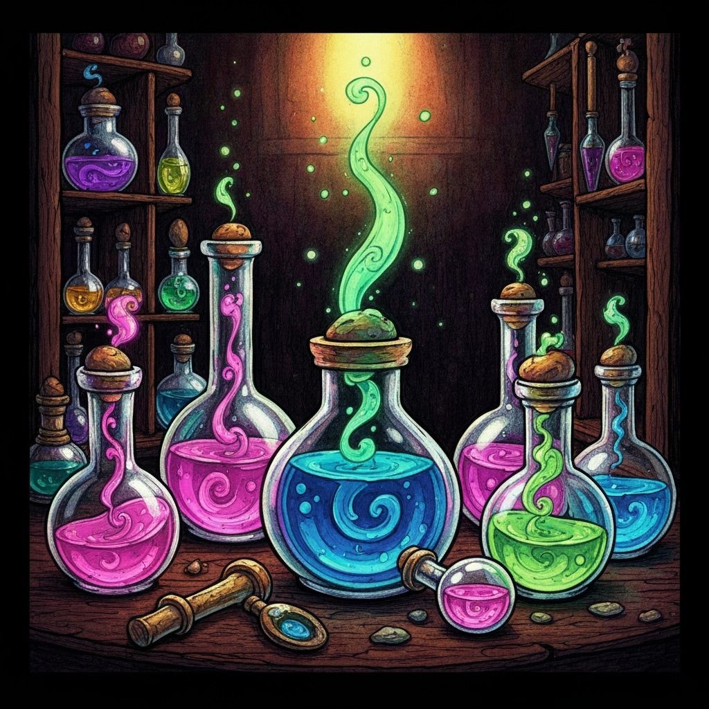 Fantasy Potion Tester in Glowing Alchemy Lab