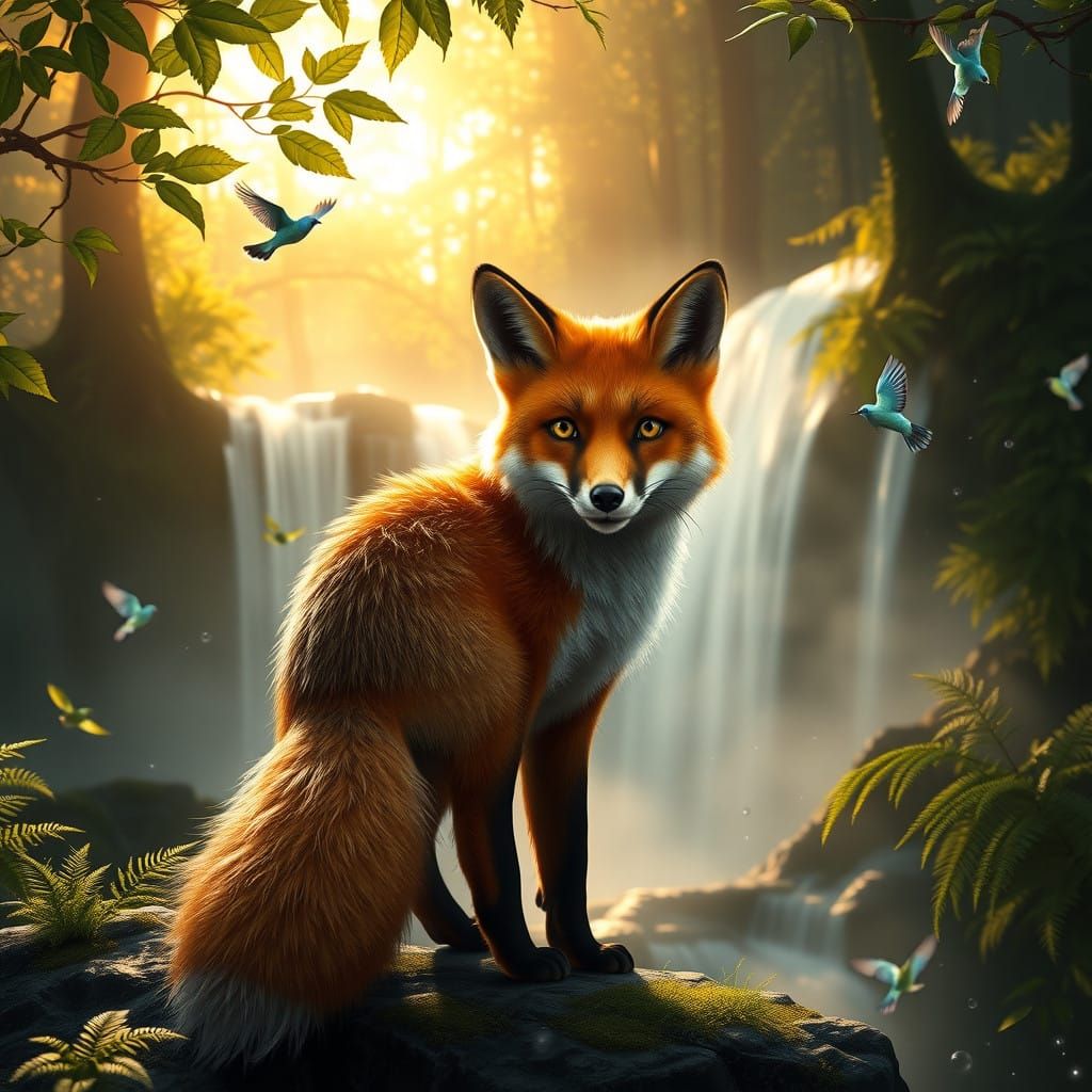 Vibrant Fox in Emerald Forest, Coyly Gazing at the Viewer