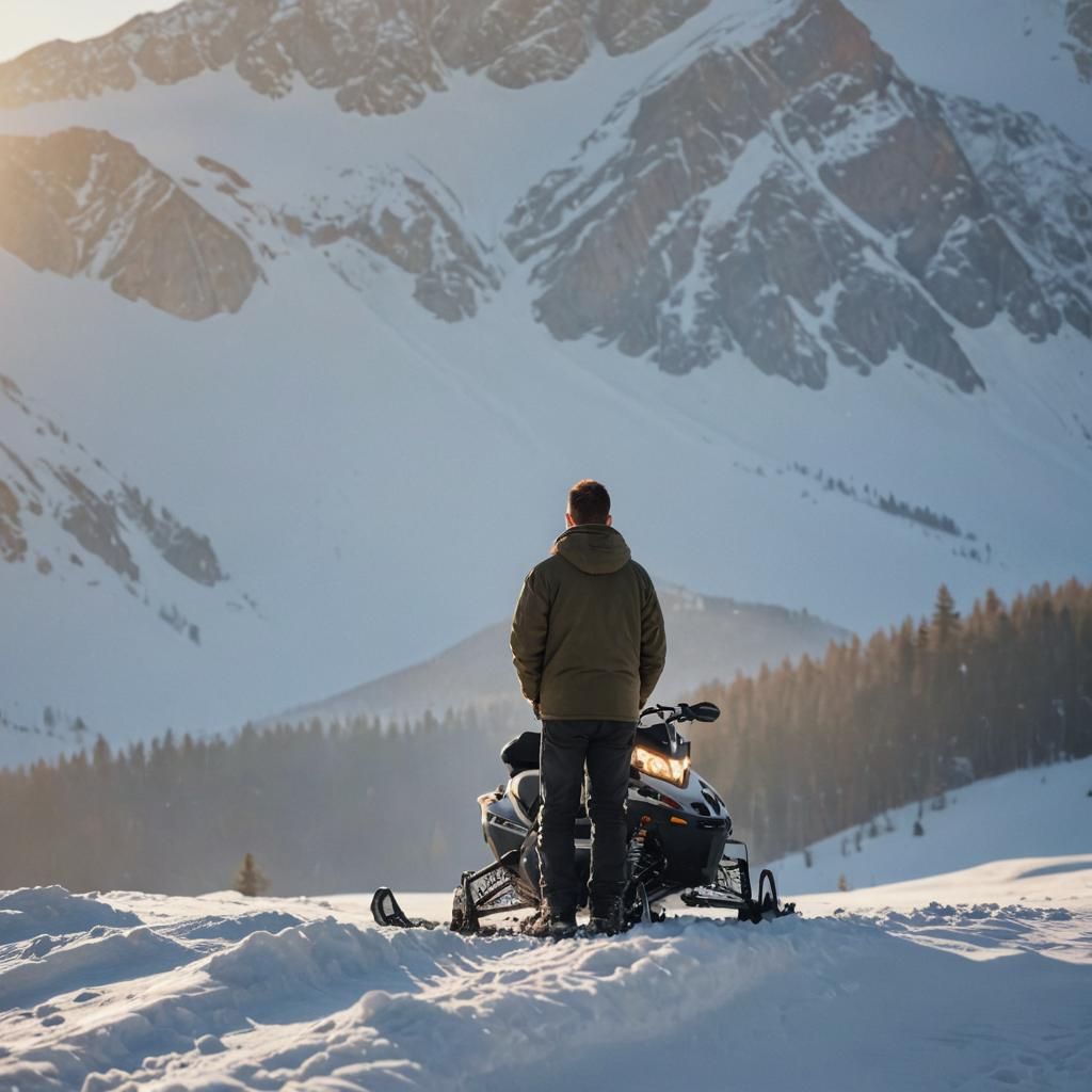 Slavic Boy on Snowmobile in Snowy Mountains